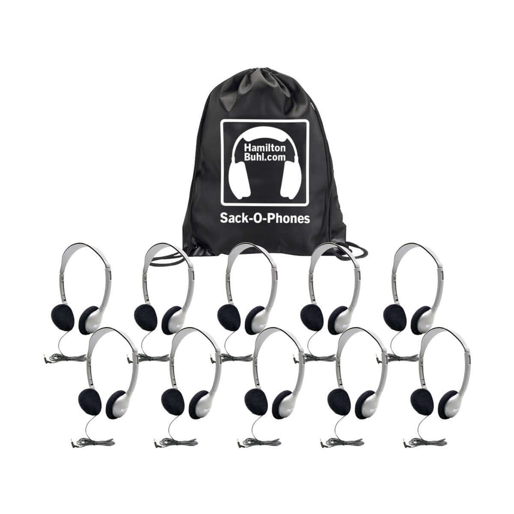 Sack-O-Phones pack with 10 HA2 school headphones in mesh storage bag