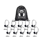 Sack-O-Phones pack with 10 HA2 school headphones in mesh storage bag