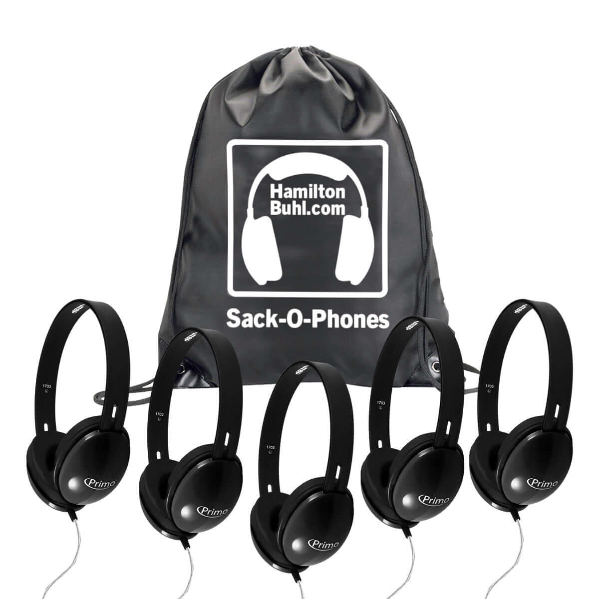 HamiltonBuhl Sack-O-Phones 5 Pack Primo Stereo Headphones - Black