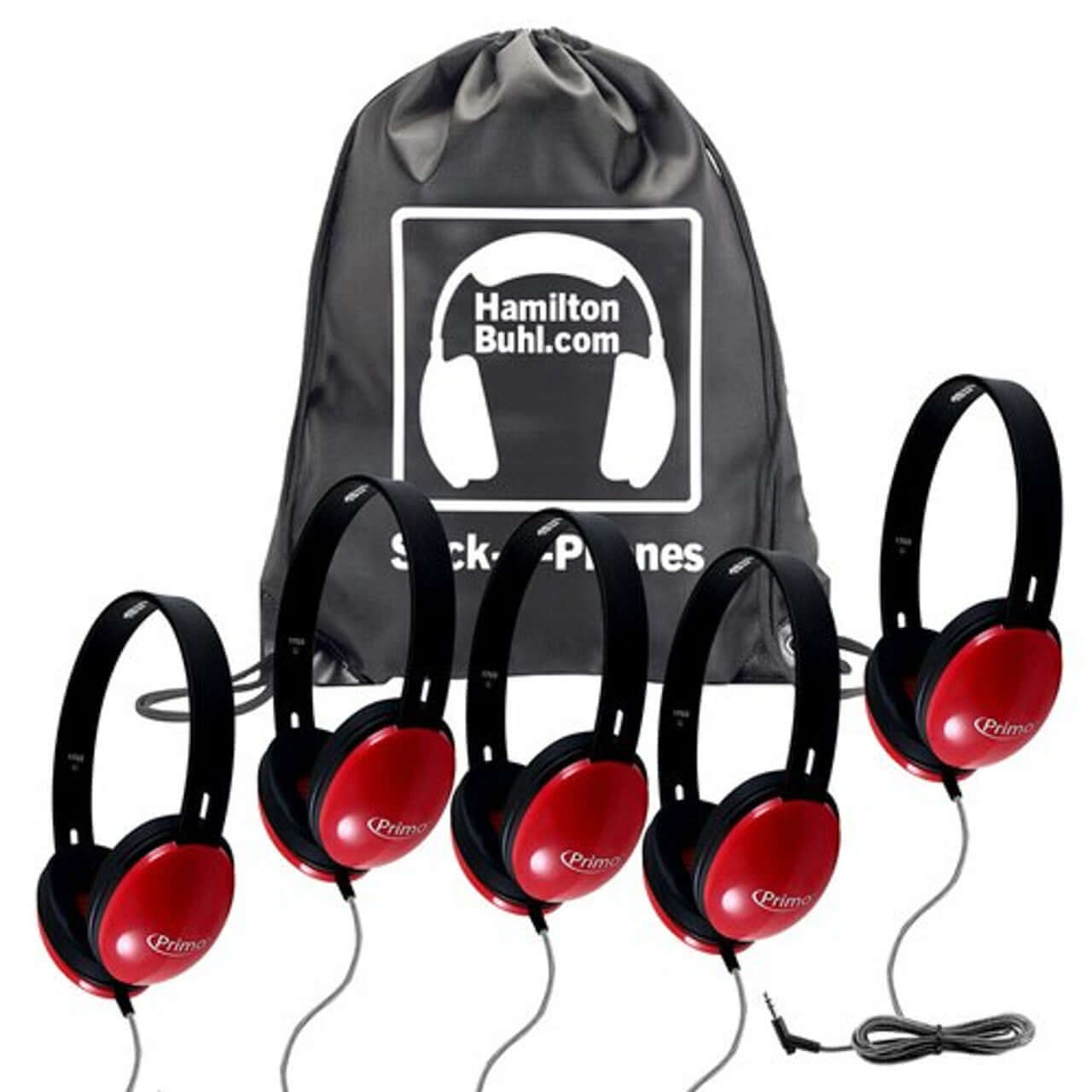 HamiltonBuhl Sack-O-Phones – 5 Pack Primo Stereo Headphones - Red