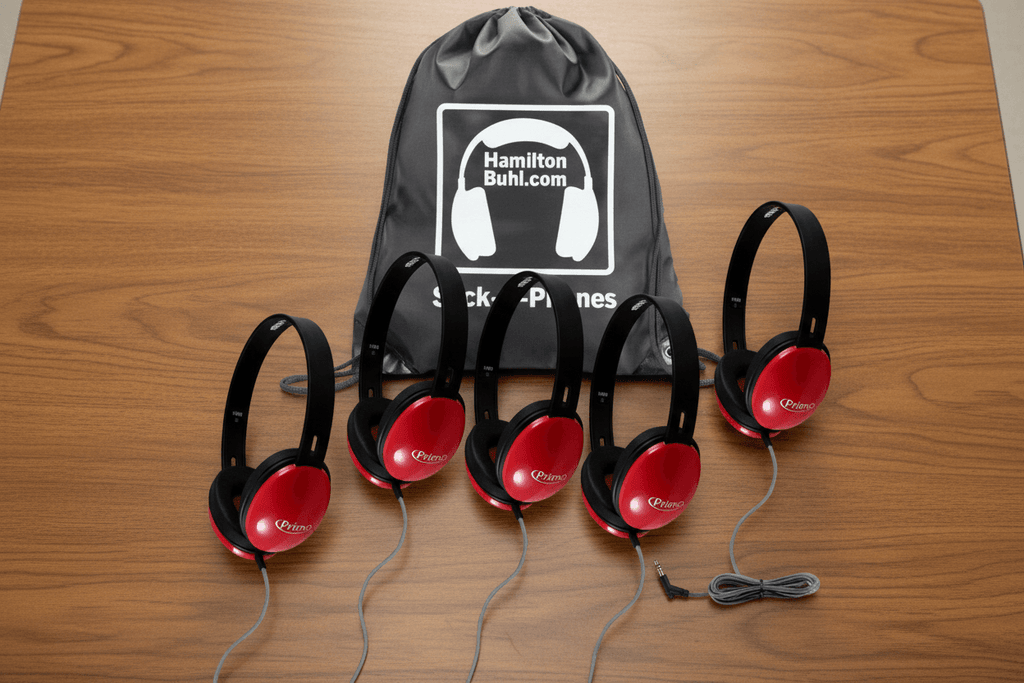 HamiltonBuhl Sack-O-Phones – 5 Pack Primo Stereo Headphones - Red