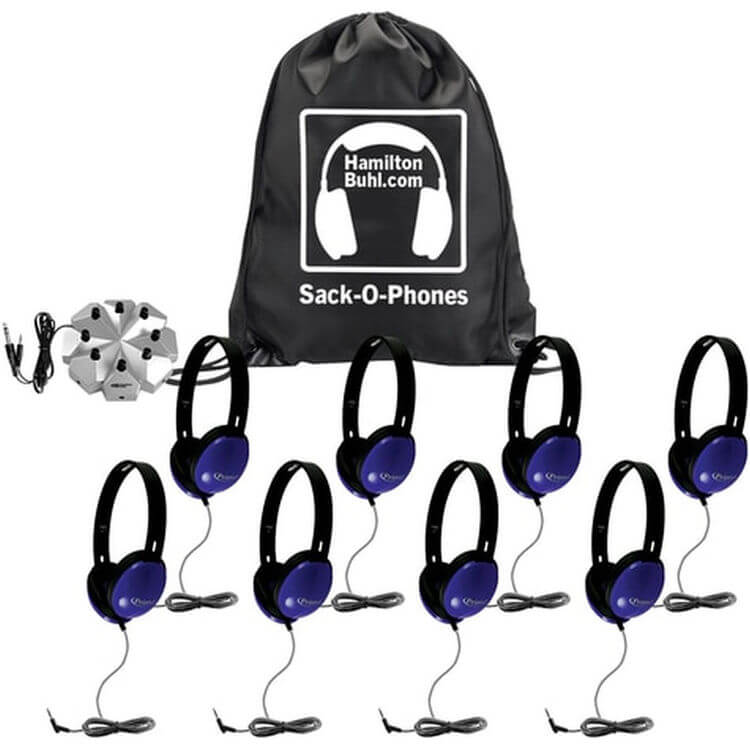 HamiltonBuhl Sack-O-Phones with 8 Blue Primo  Headphones & 3.5mm Jackbox