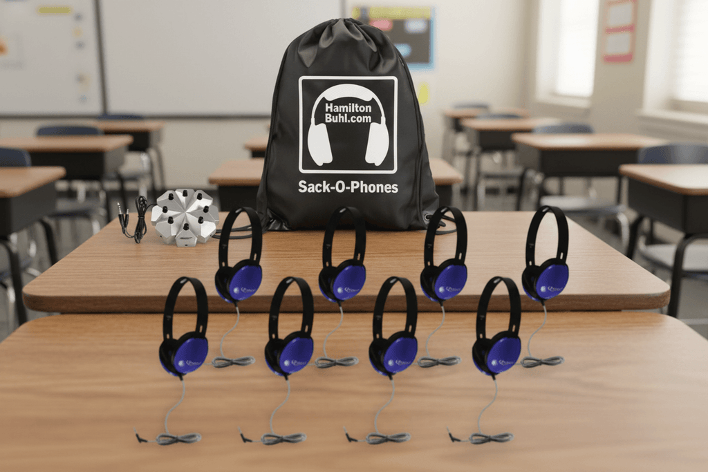 HamiltonBuhl Sack-O-Phones with 8 Blue Primo  Headphones & 3.5mm Jackbox