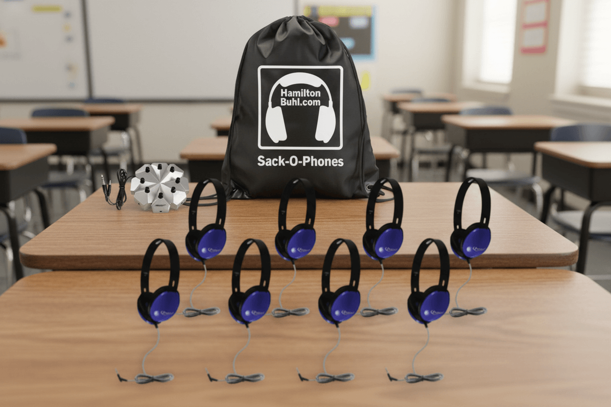 HamiltonBuhl Sack-O-Phones with 8 Blue Primo  Headphones & 3.5mm Jackbox