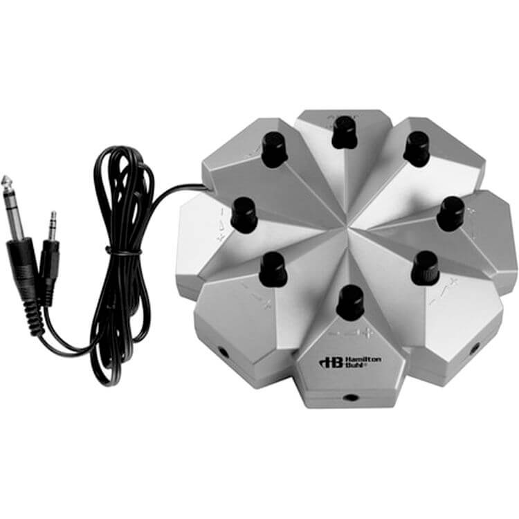 HamiltonBuhl Sack-O-Phones with 8 Blue Primo  Headphones & 3.5mm Jackbox