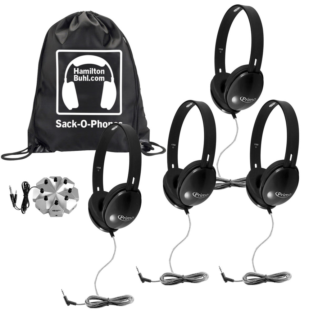 HamiltonBuhl Sack-O-Phones with 4 Black Primo Headphones and 3.5mm Jackbox