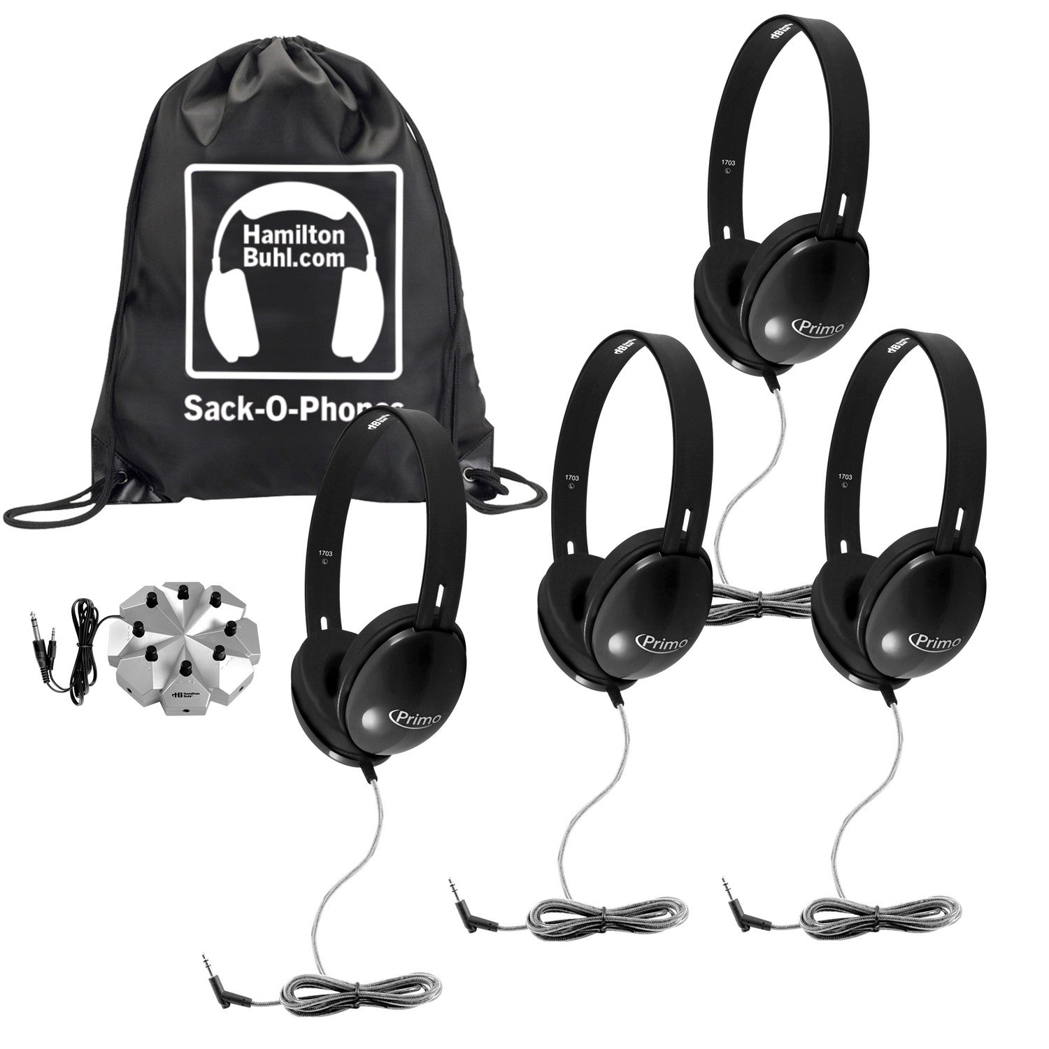 HamiltonBuhl Sack-O-Phones with 4 Black Primo Headphones and 3.5mm Jackbox