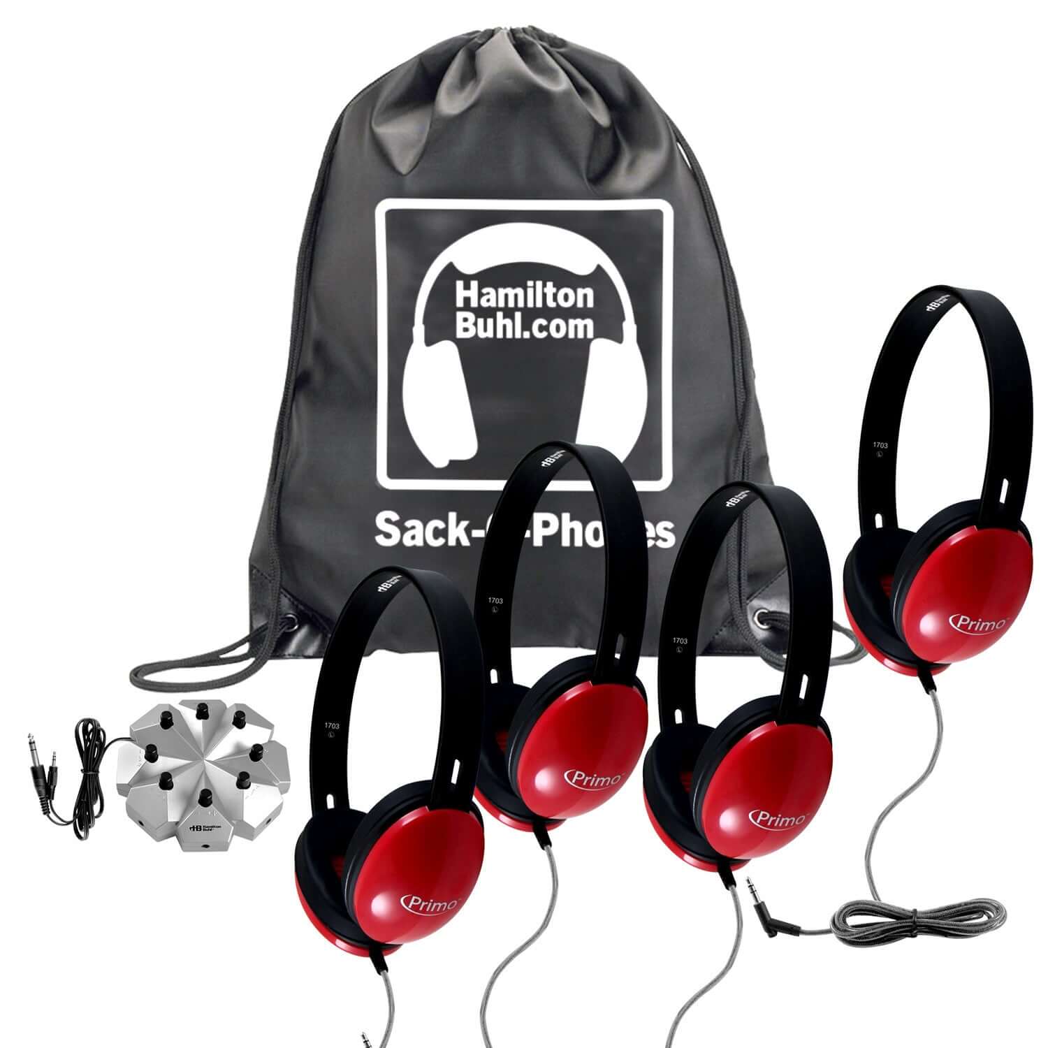 HamiltonBuhl Sack-O-Phones with 4 Red Primo Headphones & 3.5mm Jackbox
