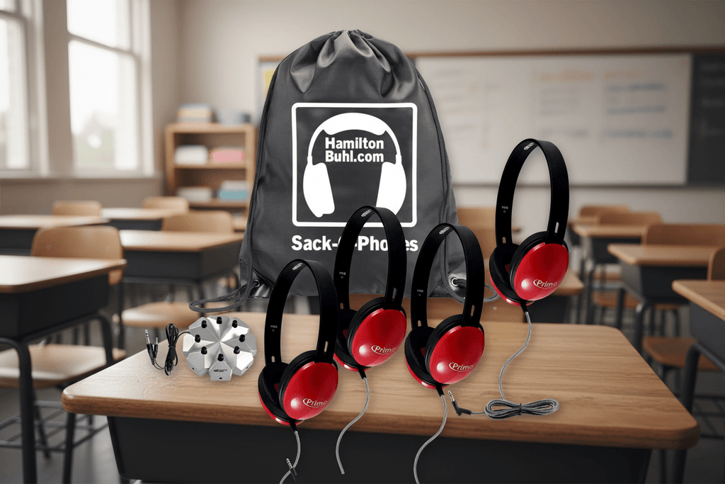 HamiltonBuhl Sack-O-Phones with 4 Red Primo Headphones & 3.5mm Jackbox