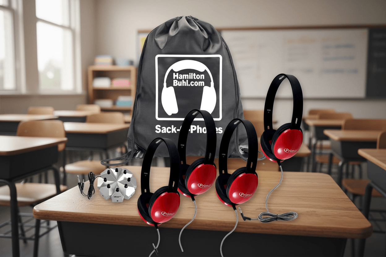 HamiltonBuhl Sack-O-Phones with 4 Red Primo Headphones & 3.5mm Jackbox