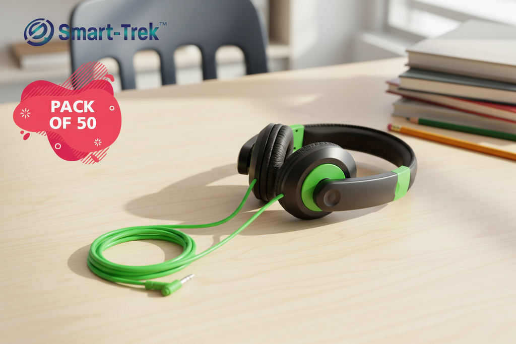 HamiltonBuhl Smart-Trek Deluxe Stereo Headphones – Green Accents – 50 Pack