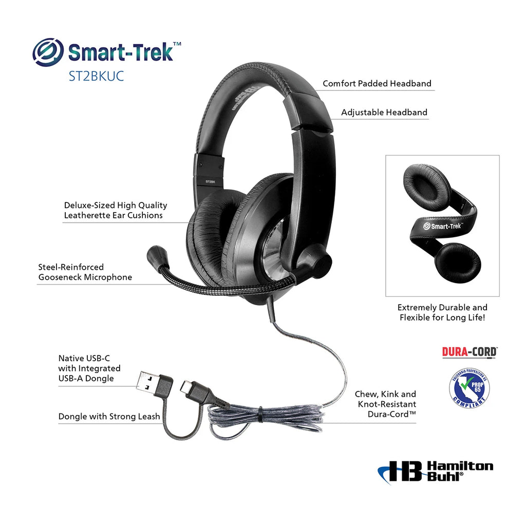 HamiltonBuhl Smart-Trek Deluxe USB-C Headset with Microphone & USB-A Adapter – ST2BKUC