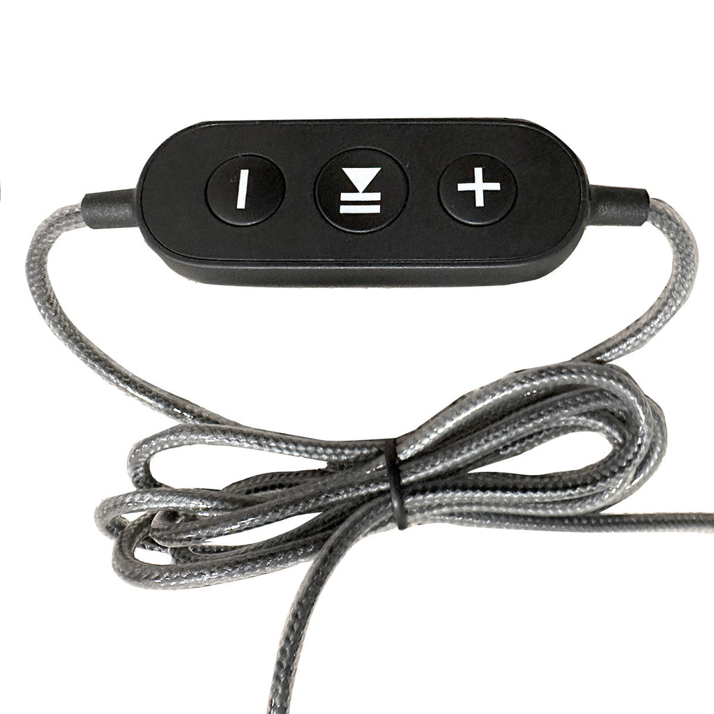 Close-up of inline volume control on Smart-Trek Deluxe USB-C stereo headset with metallic purple accents