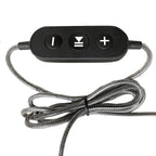 Close-up of inline volume control on Smart-Trek Deluxe USB-C stereo headset with metallic purple accents