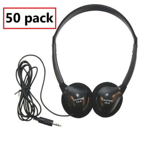 Califone CA-2 lightweight on-ear headphones 50-pack for bulk school use, ideal for education and classroom engagement.