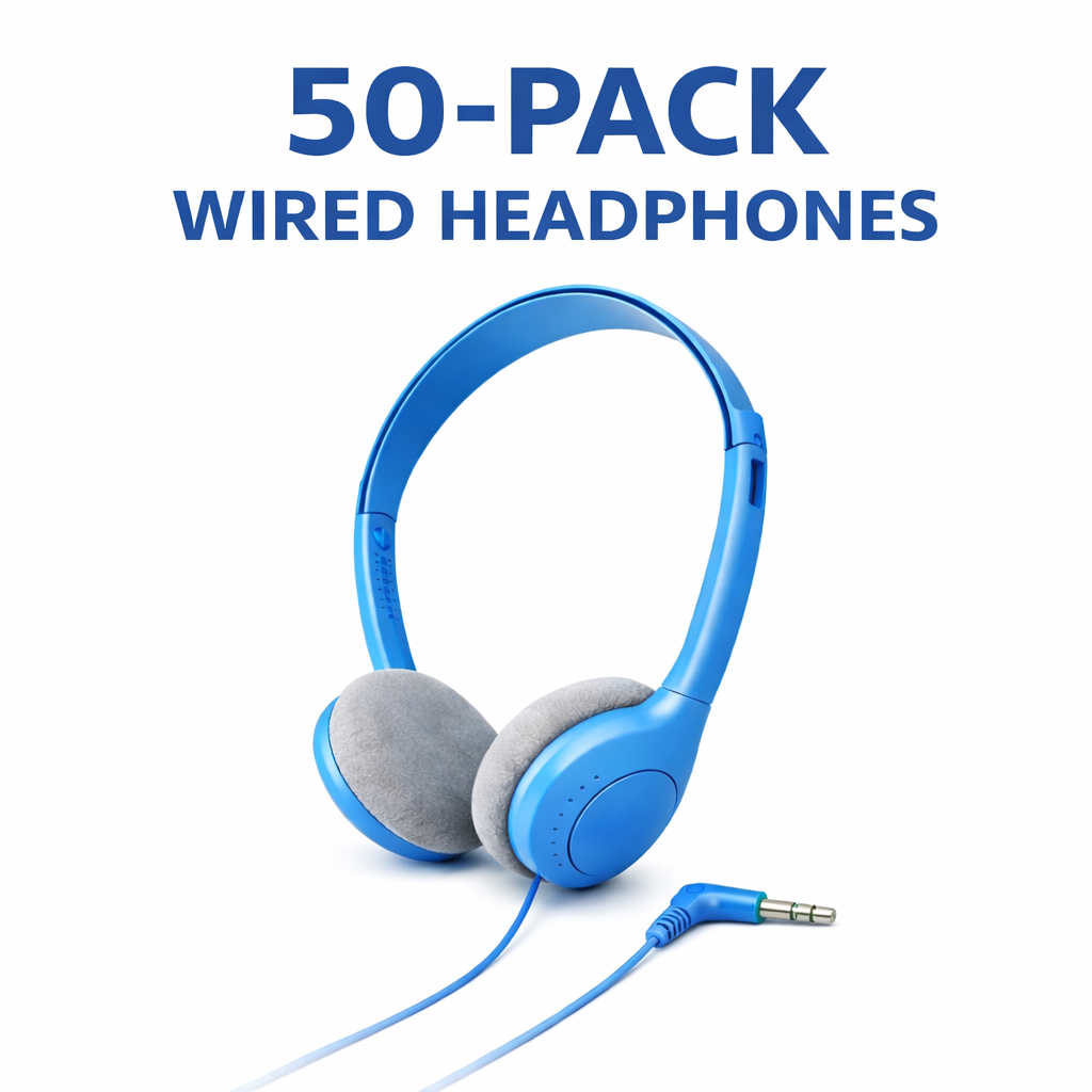 SoundLH Classroom Headphones Blue On-Ear, Foam Cushions 50 pack