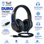 TWT Audio Duro TW200 over-ear classroom headphones in black with blue accents, shown on a white background with feature callouts and a 3.5mm cable connector.