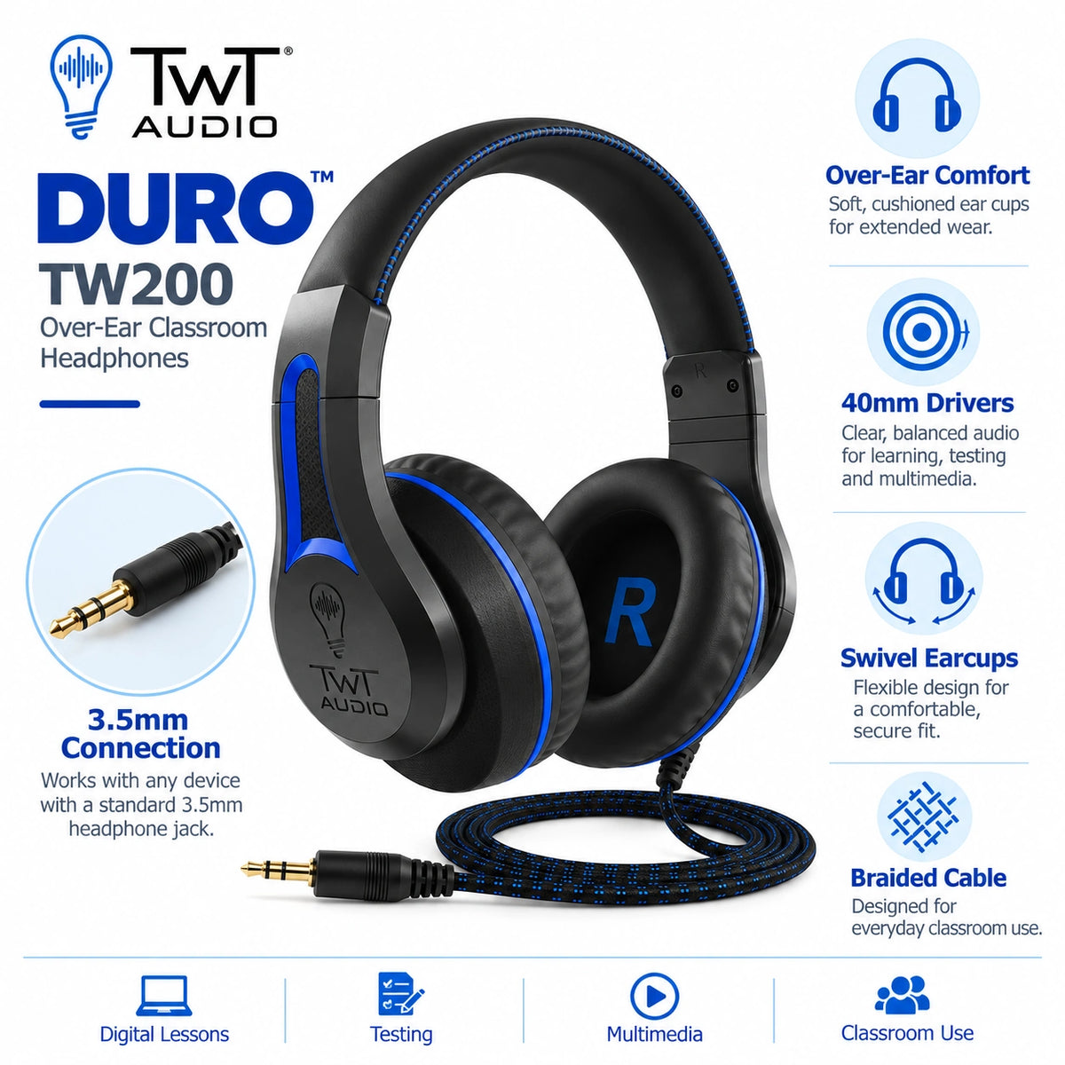 TWT Audio Duro TW200 over-ear classroom headphones in black with blue accents, shown on a white background with feature callouts and a 3.5mm cable connector.