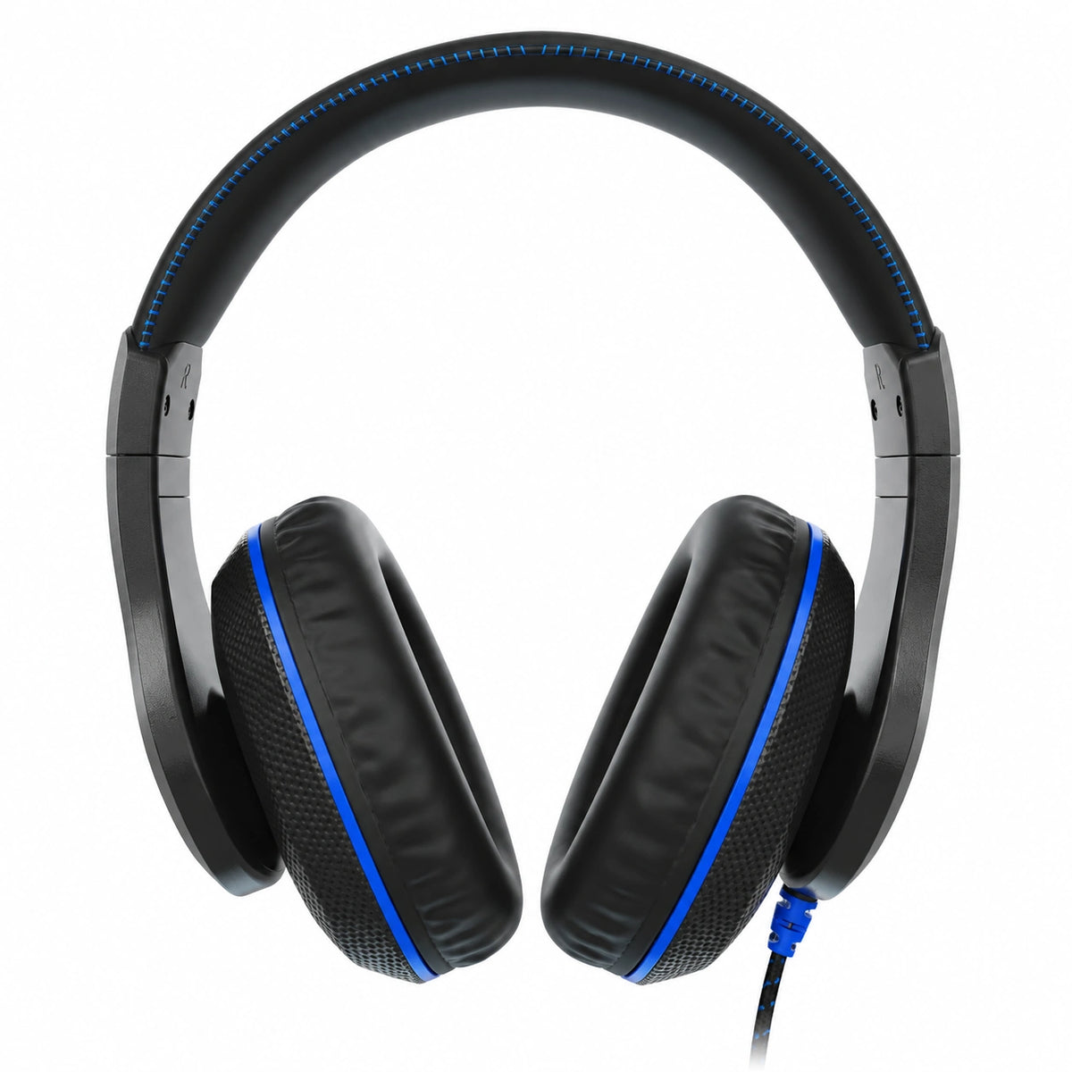 Black over-ear gaming headphones with bright blue accent stitching and trim, shown on a solid white background.