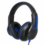 Black over-ear wired headphones with bright blue accents, including blue trim along the headband and earcup, a blue 'R' on the ear cup, and a visible 'TWT AUDIO' logo on the side, shown on a plain white background.