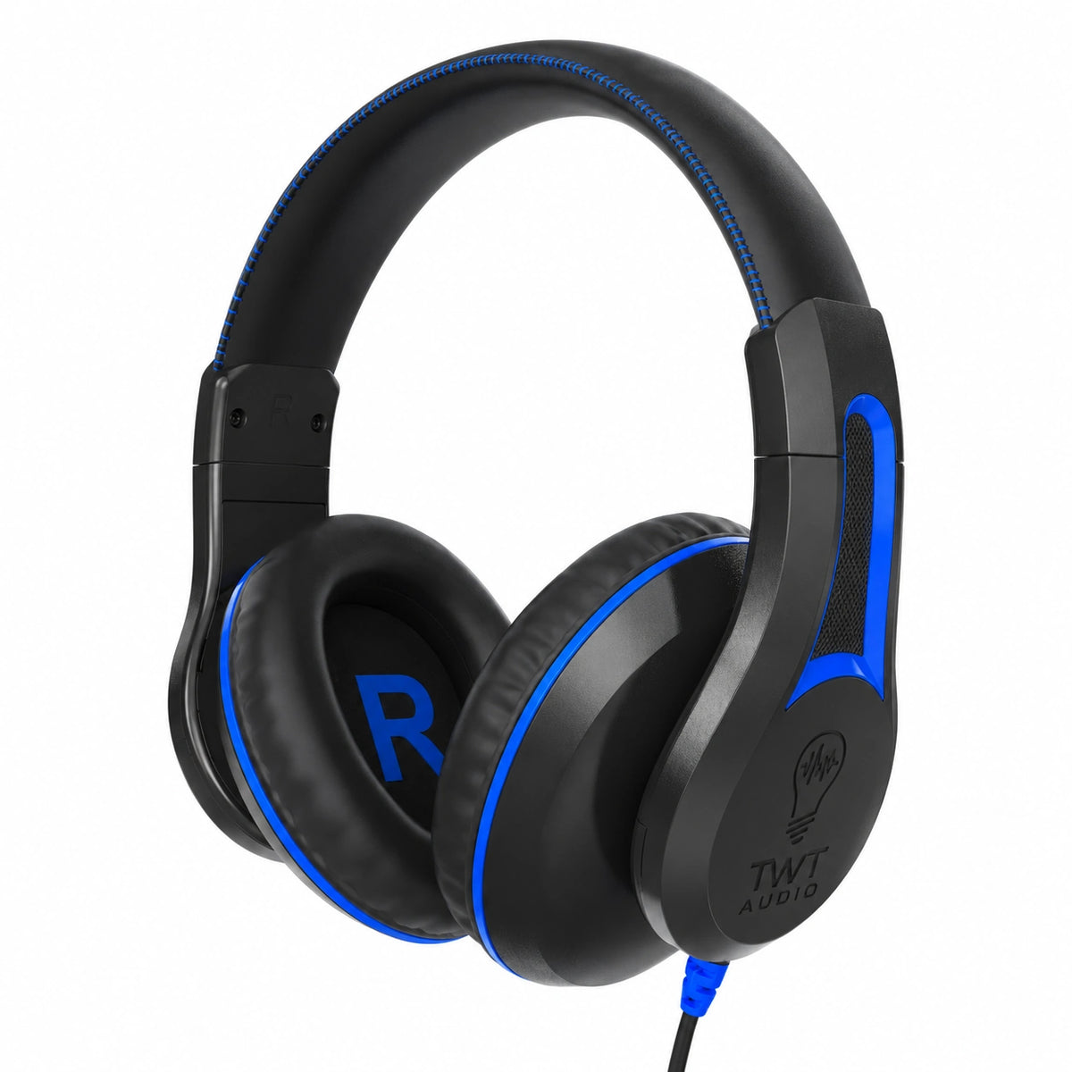 Black over-ear wired headphones with bright blue accents, including blue trim along the headband and earcup, a blue 'R' on the ear cup, and a visible 'TWT AUDIO' logo on the side, shown on a plain white background.