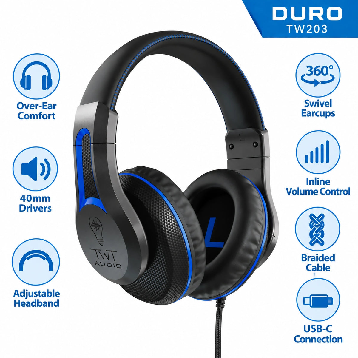 TWT Audio DURO TW203 Over-Ear Classroom Headphones – USB-C