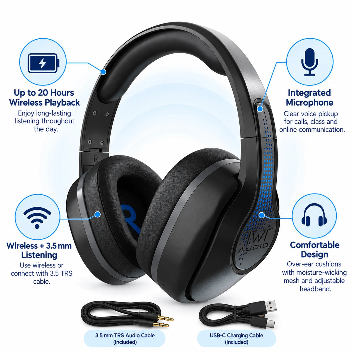 TWT Audio TW340 REVO Wireless Bluetooth Headphones with Microphone