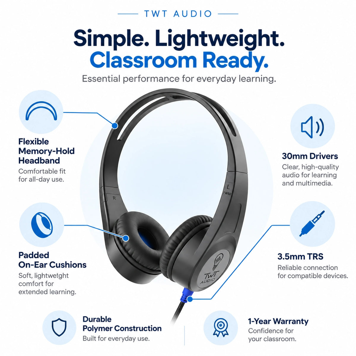 TWT Audio LITE TW50 On-Ear Classroom Headphones – 3.5mm