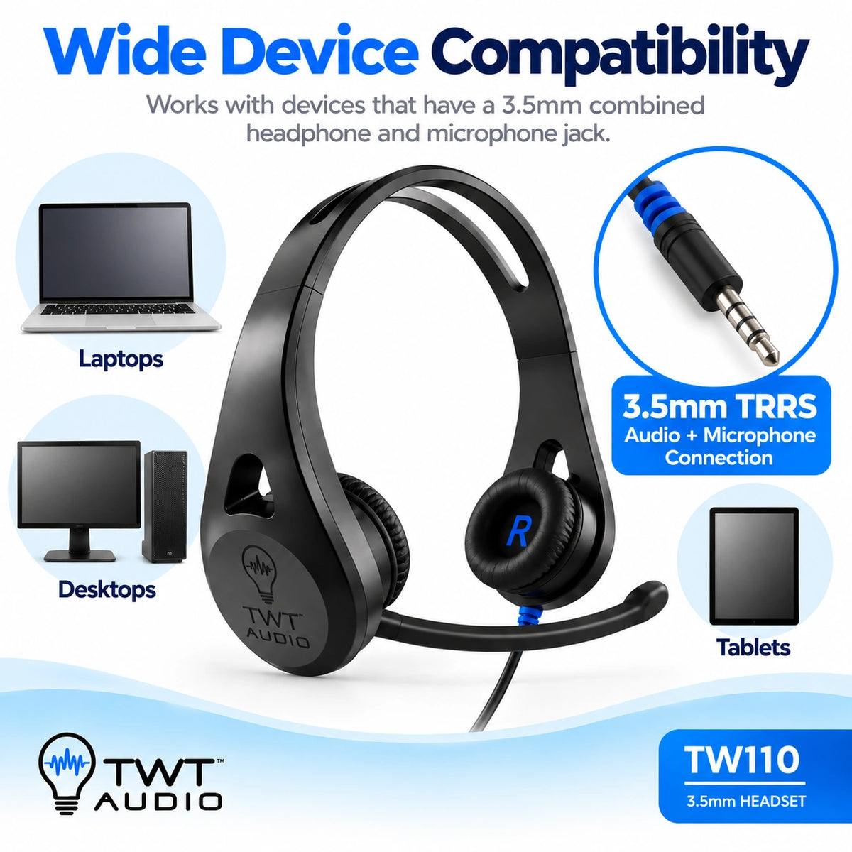 TWT Audio ERGO TW110 On-Ear Headset with Microphone – 3.5mm TRRS