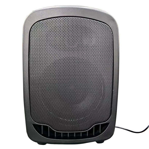Front view of HamiltonBuhl VENU Mini portable PA system showing speaker grille and front control panel design.