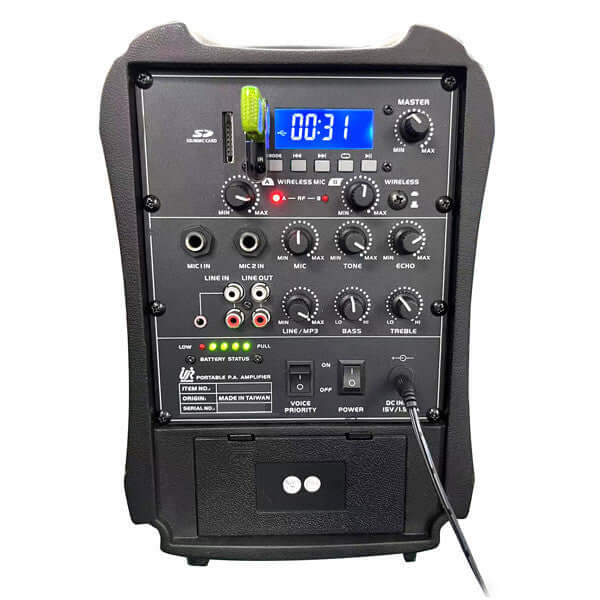 Back view of HamiltonBuhl VENU Mini portable PA system showing compact cabinet design and side panel details.