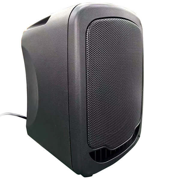 Side view of HamiltonBuhl VENU Mini portable PA system showing compact cabinet design and side panel details.