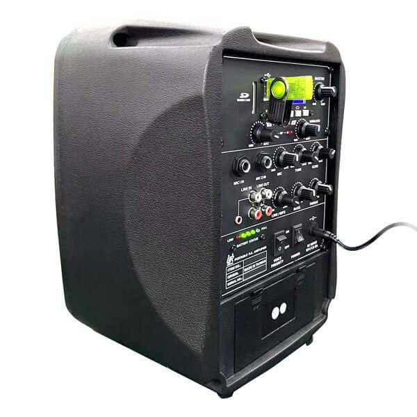 Back side view of HamiltonBuhl VENU Mini portable PA system showing compact cabinet design and side panel details.