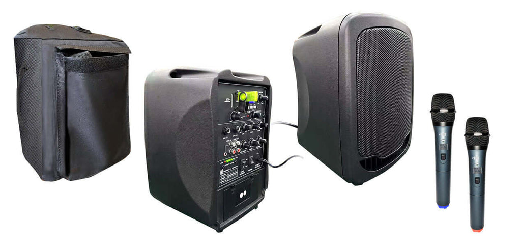 HamiltonBuhl VENU Mini portable PA system with compact speaker, wireless microphone, built-in amplifier, and rechargeable battery designed for classrooms, presentations, and small events.