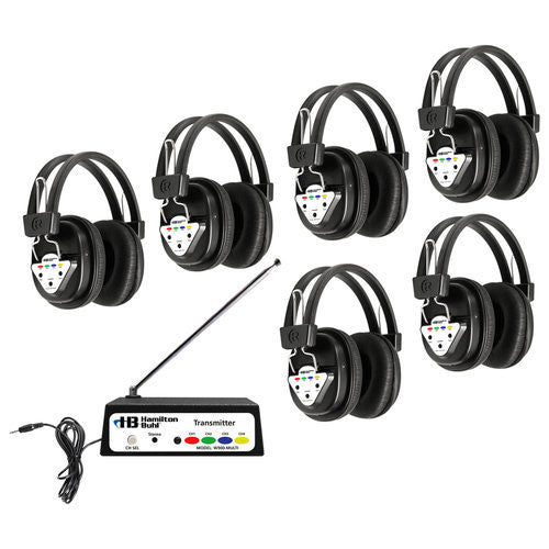 Wireless listening center with 6 headphones and multi-frequency transmitter for classroom audio