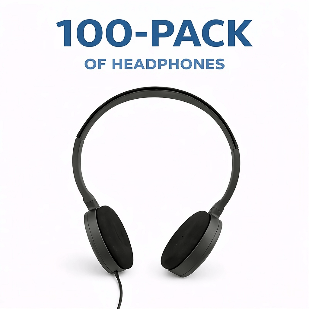 Black headphones on a white background with text '100-Pack of Headphones' in blue.