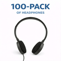 Black headphones on a white background with text '100-Pack of Headphones' in blue.