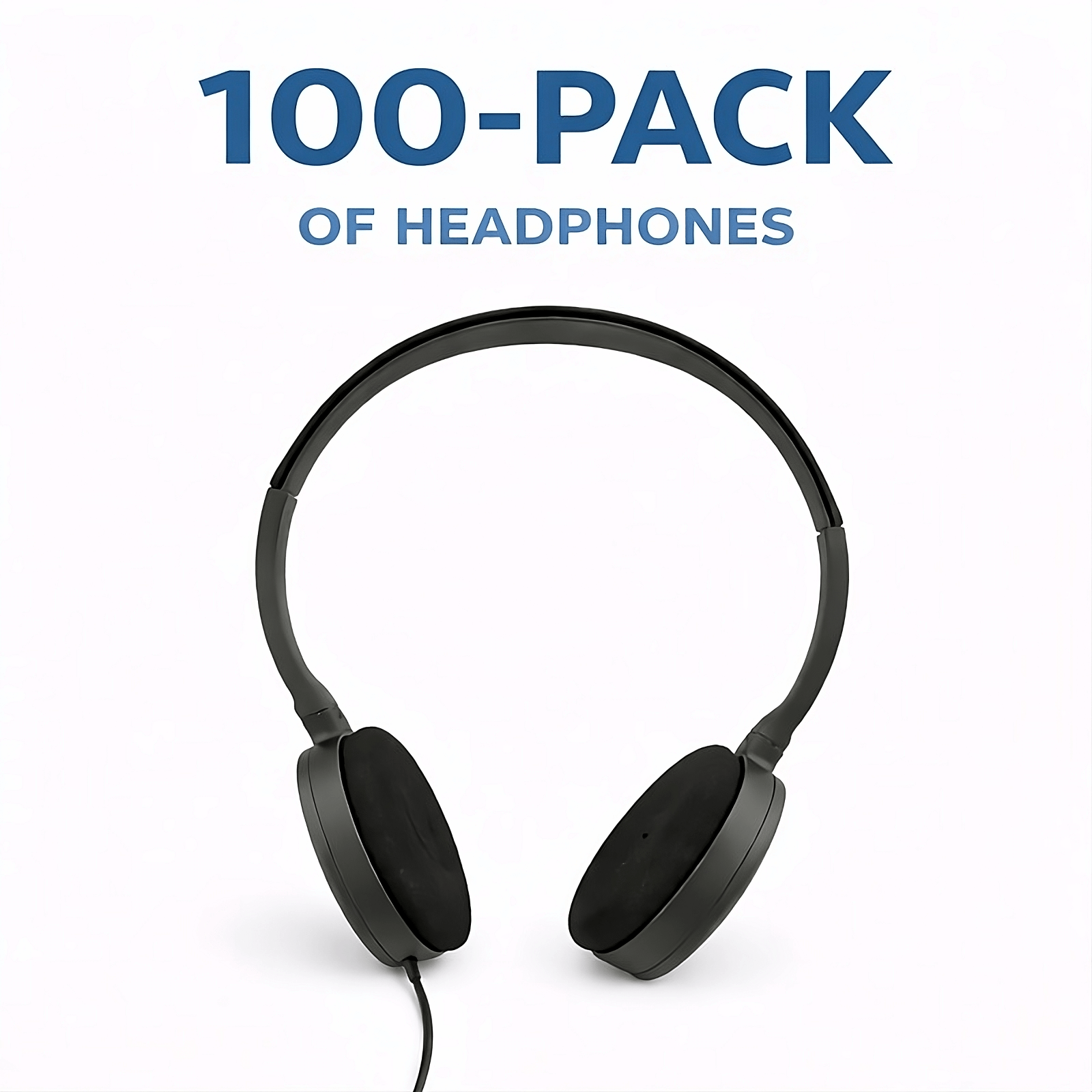 Black headphones on a white background with text '100-Pack of Headphones' in blue.