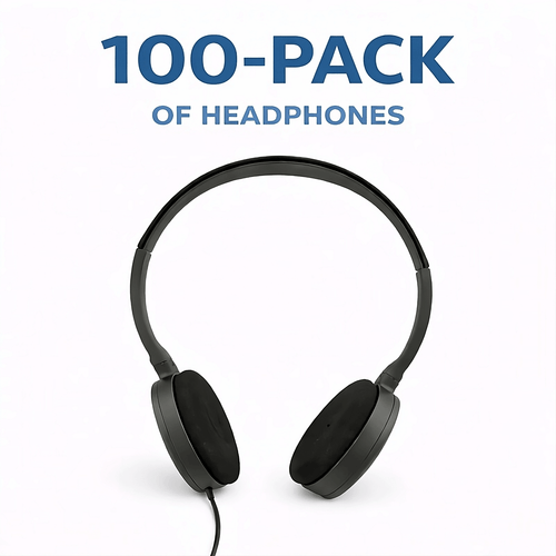 Black headphones on a white background with text '100-Pack of Headphones' in blue.