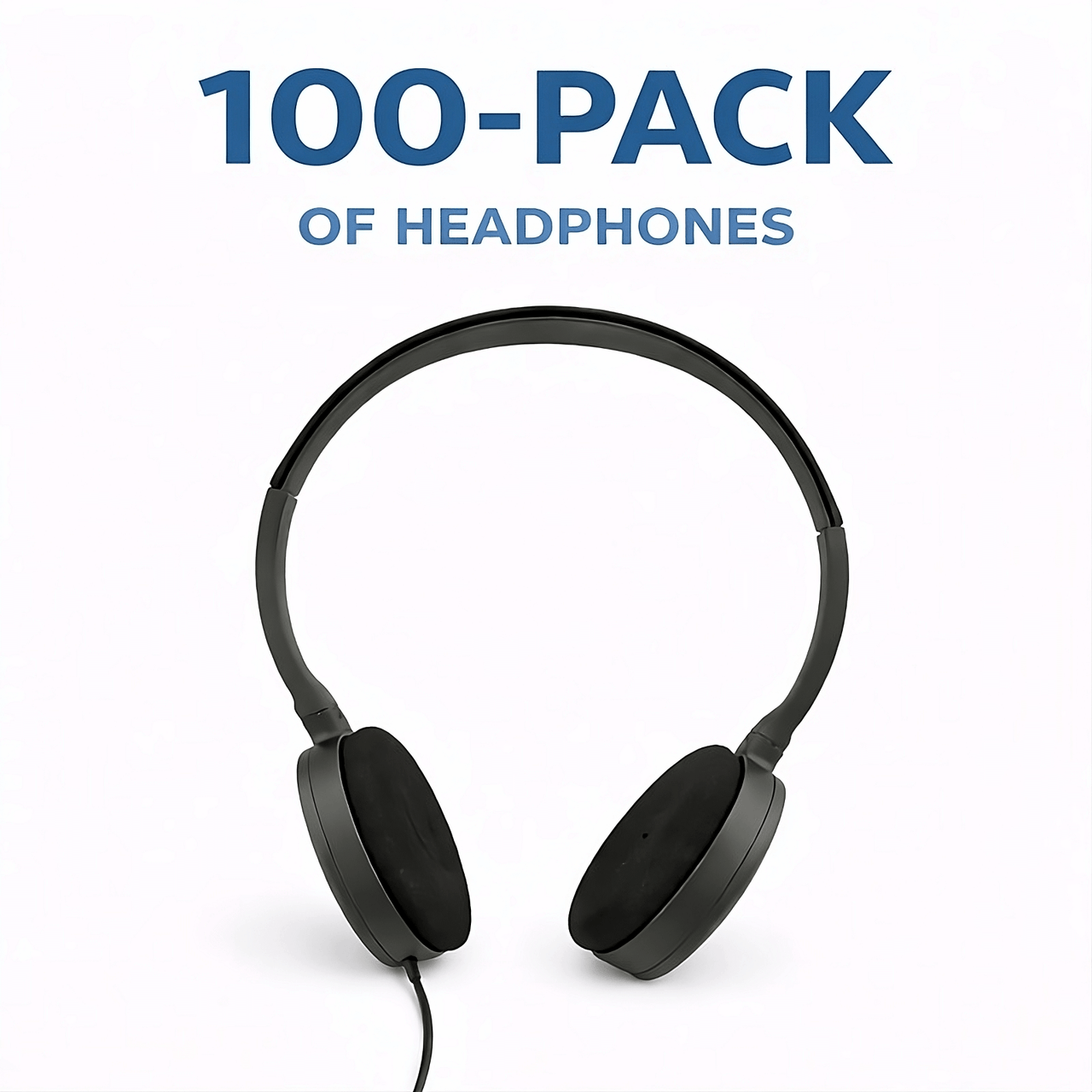 Black headphones on a white background with text '100-Pack of Headphones' in blue.