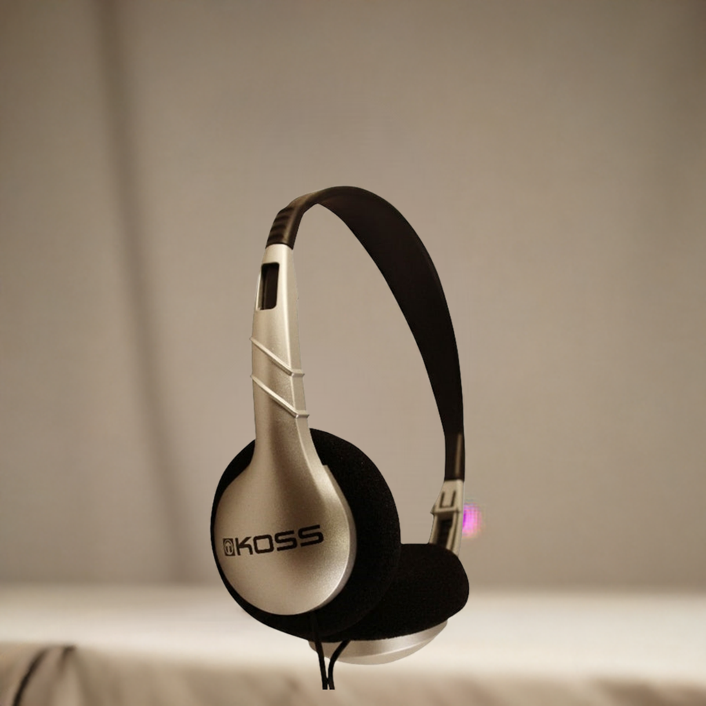 Koss UR5 Silver Stereo Headphones for education, lightweight design ideal for bulk school headphones and online learning.
