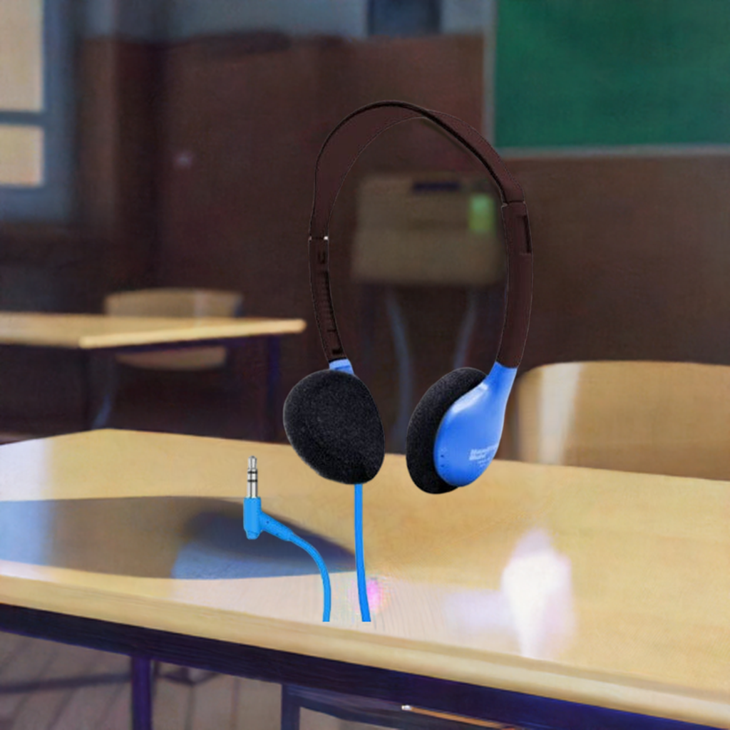 HamiltonBuhl HA2 SchoolMate Headphones - Color Options displayed on a classroom desk.