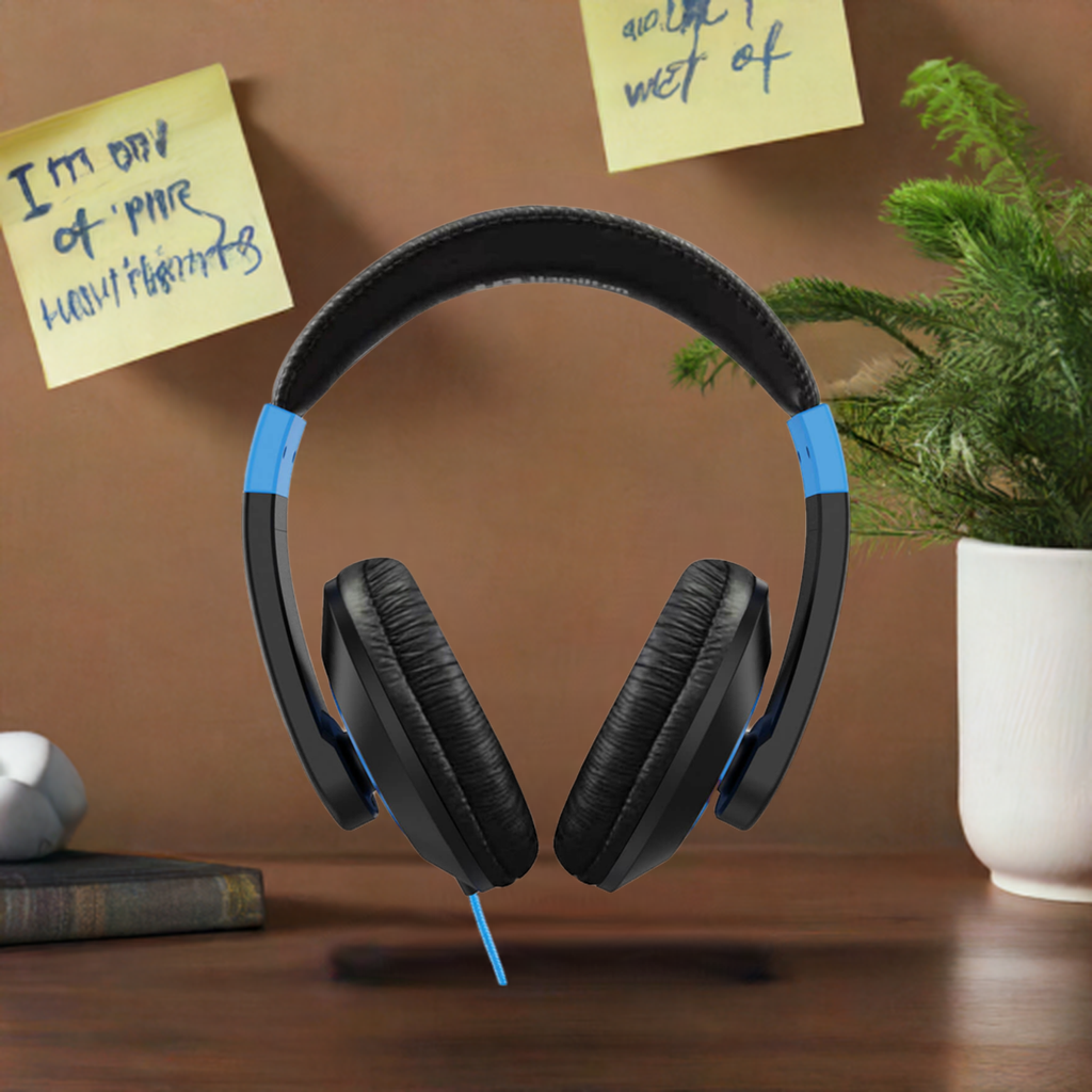 HamiltonBuhl Smart-Trek Headphone - Blue Accents displayed on a wooden desk with sticky notes and a plant backdrop.