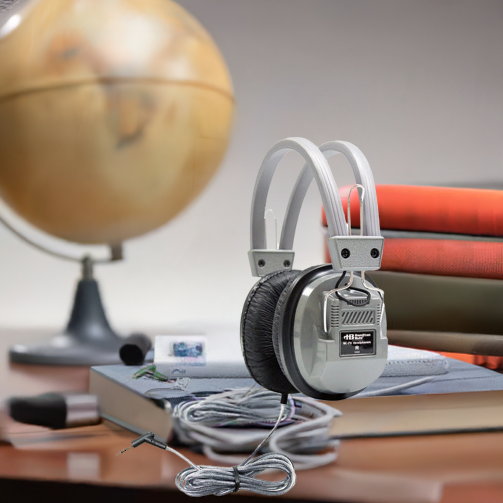 SchoolMate Deluxe Stereo Headphones on a desk with books and a globe, perfect bulk school headphones for education.