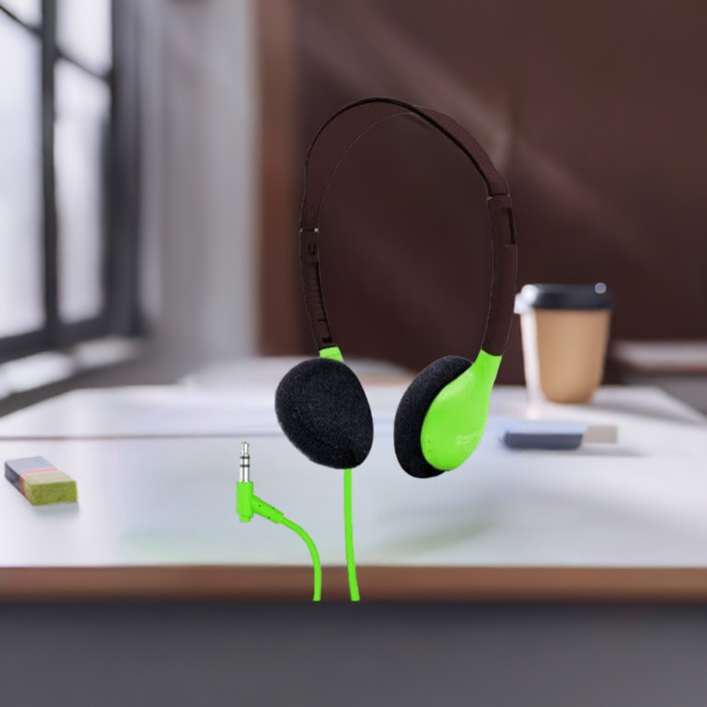 HamiltonBuhl HA2 SchoolMate Headphones - Color Options in vibrant green color on a learning desk.