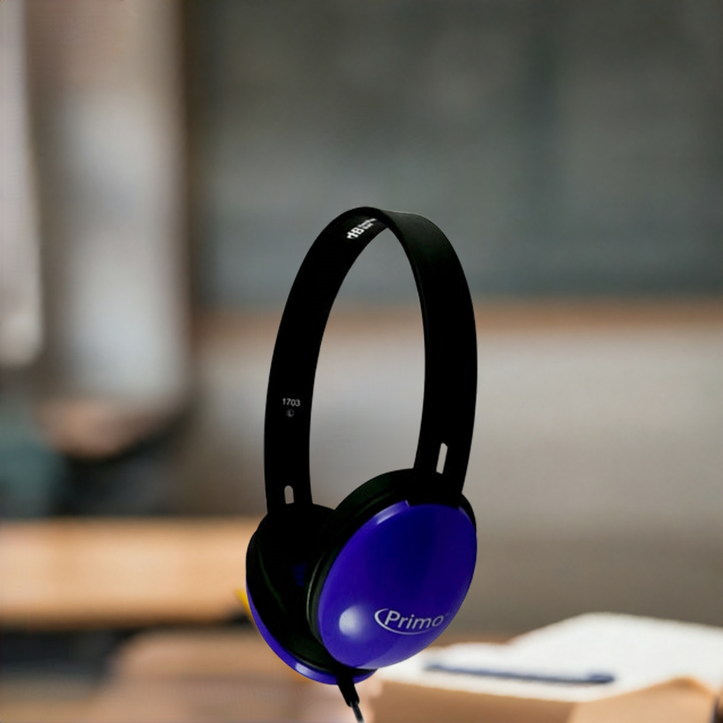 Primo stereo headphones in blue for bulk school headphone packs and education use.
