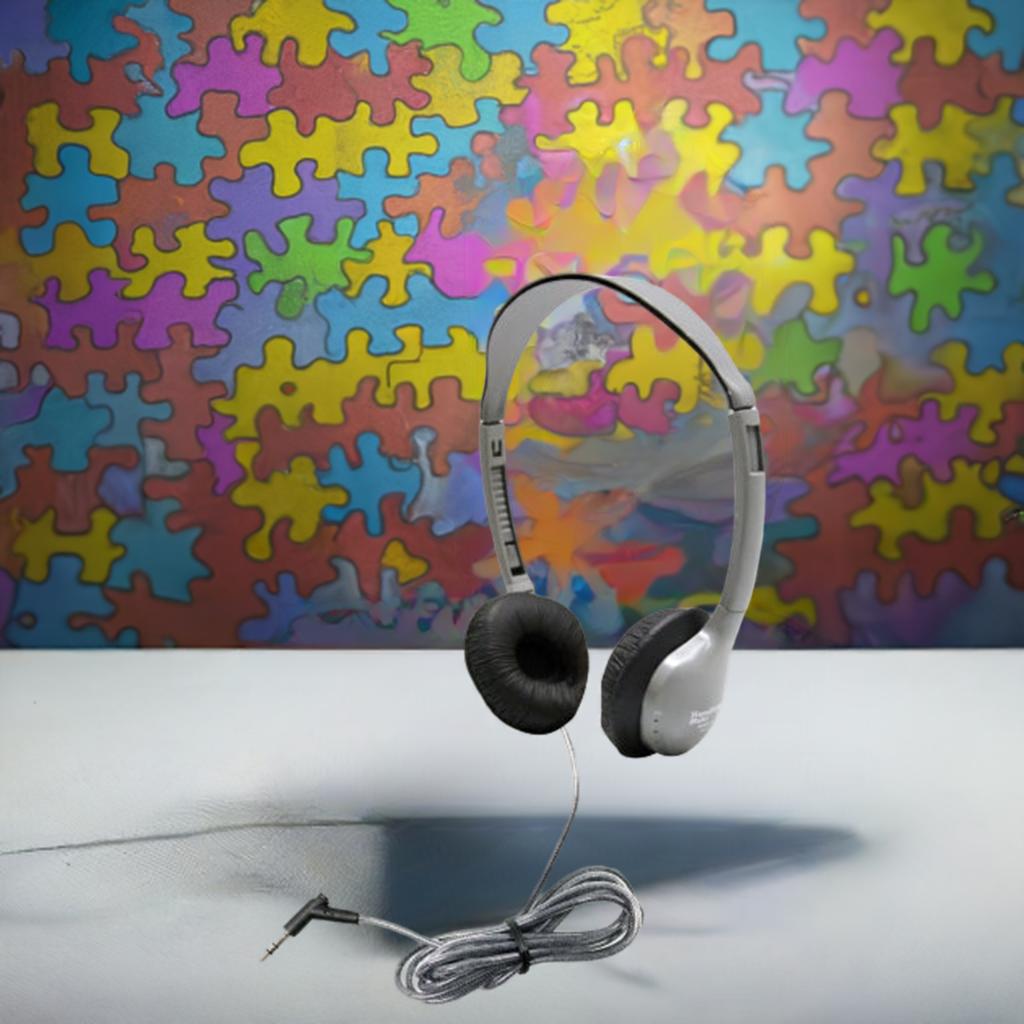 SchoolMate on-ear headphones for students against a colorful puzzle background, ideal bulk school headphones.