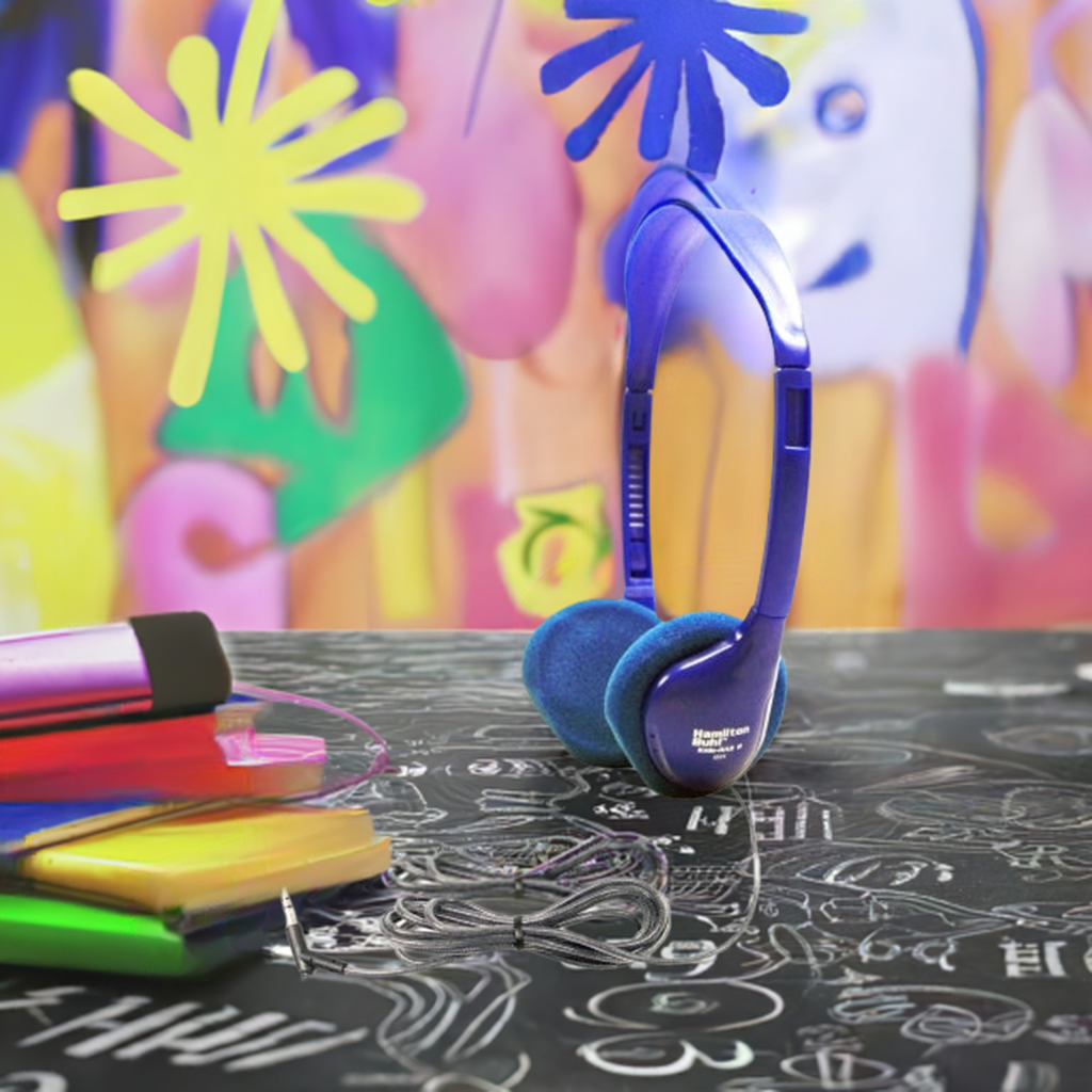 Vibrant blue school headphones on a colorful background, ideal for educational use and bulk purchases.