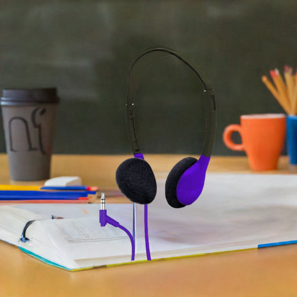 HamiltonBuhl HA2 SchoolMate Headphones - Color Options in purple on a desk with stationery.