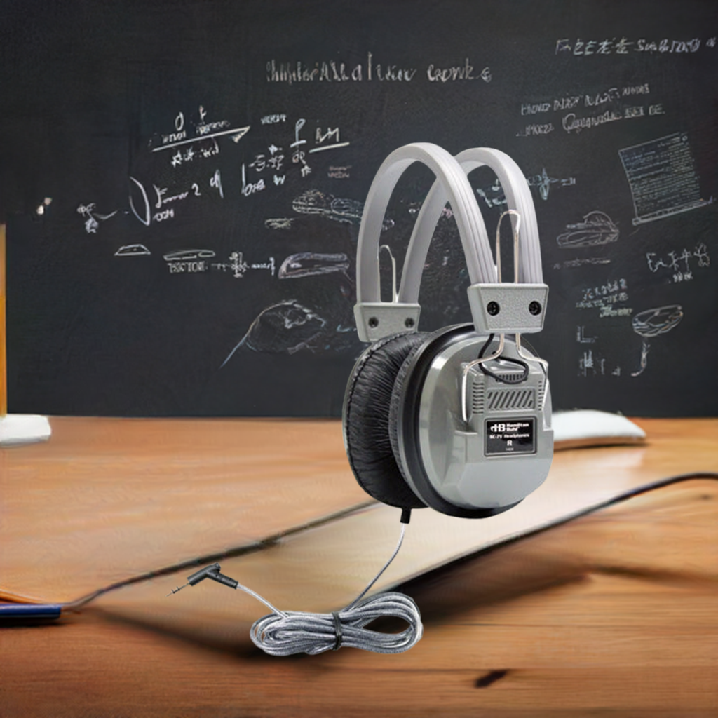 SchoolMate Deluxe Stereo Headphones on a desk, perfect as bulk school headphones for immersive education.